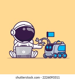 Cute Astronaut Operating Laptop With Robot Cartoon Vector Icon Illustration. Science Technology Icon Concept Isolated Premium Vector. Flat Cartoon Style