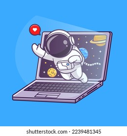 Cute Astronaut Out Of Laptop Space Cartoon Vector Icon Illustration. Science Technology Icon Concept Isolated Premium Vector. Flat Cartoon Style