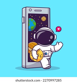 Cute Astronaut Out Of Space Phone With Moon Cartoon Vector Icon Illustration. Science Technology Icon Concept Isolated Premium Vector. Flat Cartoon Style