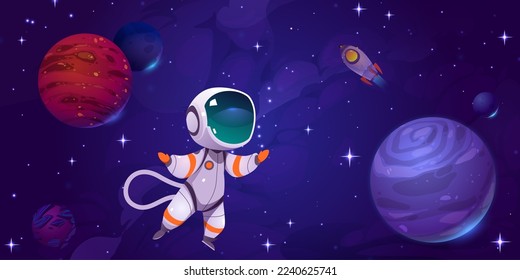 Der Astronaut im Weltraum wird mit außerirdischen Planeten, Sternen und Raketen gepflegt. Kosmonaut in Anzug und Raumschiff fliegen im Kosmos. Vektorgrafik, fantastische Illustration des Universums, Galaxienerforschung