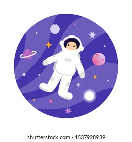 Cute astronaut in outer space. Flat vector cartoon design illustration. Isolated white background.