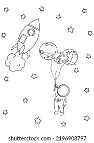 Cute astronaut in outer space with planets like balloons and spaceship, stars in cute flat cartoon style. Vector illustration for coloring page, printable A4, for kids.