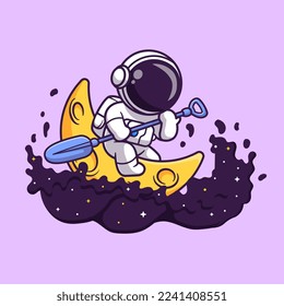 Cute Astronaut Paddling Moon Boat In Space Cartoon Vector Icon Illustration. Science Sport Icon Concept Isolated Premium Vector. Flat Cartoon Style