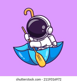 Cute Astronaut Paddling On Umbrella Cartoon Vector Icon Illustration. Science Technology Icon Concept Isolated Premium Vector. Flat Cartoon Style