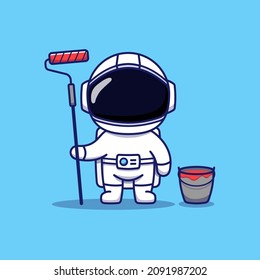 Cute astronaut with paint and bucket