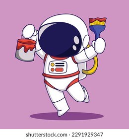 Cute Astronaut painter cartoon character vector illustration. Cute astronaut with paint can and brush