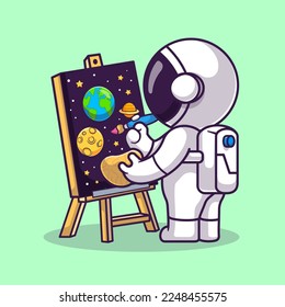 Cute Astronaut Painting Drawing Space Cartoon Vector Icon Illustration. Science Technology Icon Concept Isolated Premium Vector. Flat Cartoon Style