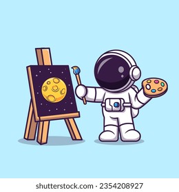 Cute Astronaut Painting Moon Cartoon Vector Icon Illustration. Science Technology Icon Concept Isolated Premium Vector. Flat Cartoon Style