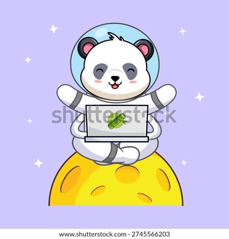 Cute Astronaut Panda Happy Succeed Working on Laptop on the Moon Vector Illustration 