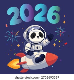 Cute astronaut panda waving while riding on top of a horizontal rocket, with “2026” numbers, stars, and colorful fireworks in the background. Fun New Year celebration illustration.