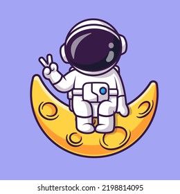 Cute Astronaut Peace Hand auf Mond Cartoon Vektorsymbol Illustration Science Technology Icon Concept Isolated Premium Vector. Flachbildkartonstil