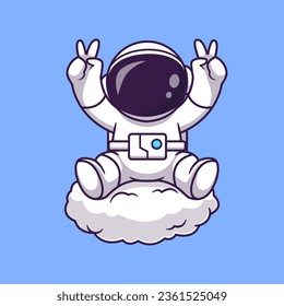 Cute Astronaut Peace Hand On Cloud Cartoon Vector Icon Illustration. Science Technology Icon Concept Isolated Premium Vector. Flat Cartoon Style