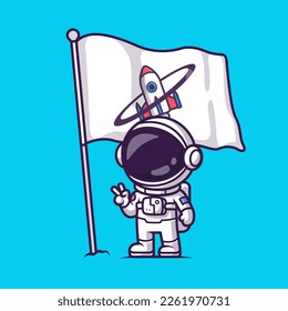 Cute Astronauten Peace Hand mit Rocket Flag Cartoon Vektorsymbol Illustration. Science Technology Icon Konzept isolierter Premium-Vektorgrafik. Flachbildkartonstil