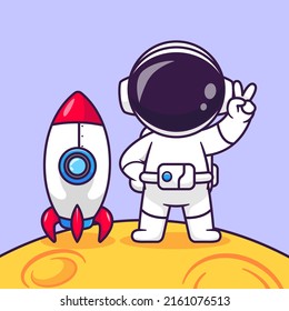 Cute Astronaut Peace On Moon With Rocket Cartoon Vector Icon Illustration Science Technology Icon Concept Isolated Premium Vector. Flat Cartoon Style