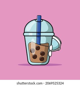 Cute Astronaut Peep In Boba Milk Tea Cartoon Vector Icon Illustration. Science Food Icon Concept Isolated Premium Vector. Flat Cartoon Style