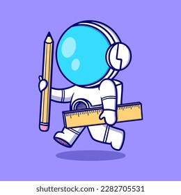 Cute-Astronautin mit Bleistift- und Lineal-Cartoon-Symbol