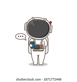 Cute astronaut with phone waiting a chat. Vector illustration of chibi character isolated on white background.