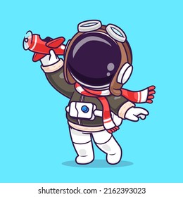 Cute Astronaut Pilot Playing Plane Toy Cartoon Vector Icon Illustration Science Transportation Icon Concept Isolated Premium Vector. Flat Cartoon Style.