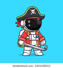 Capitán Pirata Astronauta Con Ilustración De Icono Del Vector De Espadas. Vector Premium Aislado De Icono De Festividad Científica. Estilo de dibujo plano