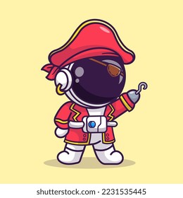 Cute Astronaut Pirate Cartoon Vector Icon Illustration. Science Holiday Icon Concept Isolated Premium Vector. Flat Cartoon Style