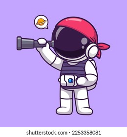 Planeta De Astronauta Astronauta Con Ilustración De Icono Del Vector De Caricaturas Del Telescopio. Concepto de icono de la tecnología de la ciencia Vector Premium aislado. Estilo de dibujo plano