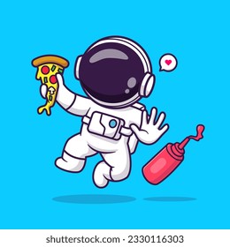 Cute Astronaut With Pizza and Chili Sauce Cartoon Vector Icon Illustration. Science Food Icon Concept Isolated Premium Vector. Flat Cartoon Style