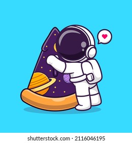 Cute Astronaut With Pizza Space Cartoon Vector Icon Illustration. Science Food Icon Concept Isolated Premium Vector. Flat Cartoon Style