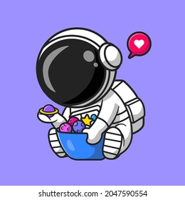 Cute Astronaut mit Planet und Mond in Bowl Cartoon Vektorsymbol Illustration. Technology Science Icon Konzept isolierter Premium-Vektorgrafik. Flachbildkartonstil