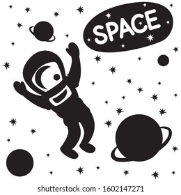 Cute astronaut with planets in the space. Black vector flat illustration isolated on the white background. 