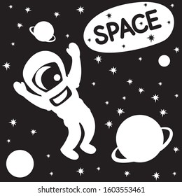Cute astronaut with planets in the space. White vector flat illustration isolated on the black background. 