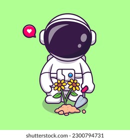 Cute Astronaut Pflanze Sonnenblumen Cartoon Vektorsymbol Illustration. Science Nature Icon Concept Isolated Premium Vector. Flachbildkartonstil