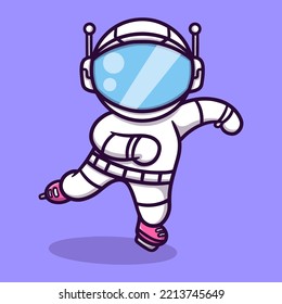 Cute astronaut play ice skating cartoon vector icon illustration