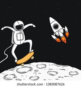Cute astronaut play skateboarding on the moon with space rocket