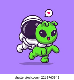 Cute Astronaut Playing With Alien Cartoon Vector Icon Illustration. Science Technology Icon Concept Isolated Premium Vector. Flat Cartoon Style