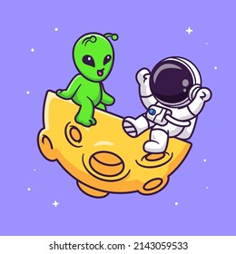 Cute Astronaut Playing With Alien On Moon Cartoon Vector Icon Illustration. Science Technology Icon Concept Isolated Premium Vector. Flat Cartoon Style