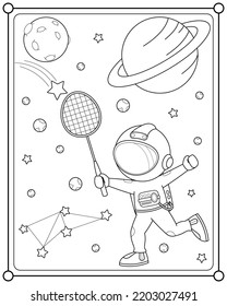 Cute astronaut playing badminton in space suitable for children's coloring page vector illustration