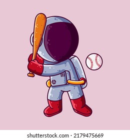 Cute Astronaut Playing Baseball Cartoon Vector Illustration. Cartoon Style Icon or Mascot Character Vector.