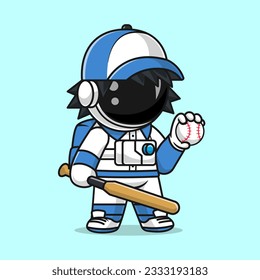 Cute Astronaut Playing Baseball Cartoon Vector Icon Illustration. Science Sport Icon Concept Isolated Premium Vector. Flat Cartoon Style