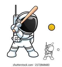 Cute Astronaut Playing Baseball With Moon Ball With Black And White Line Art Drawing, Science Outer Space, Vector Character Illustration, Outline Cartoon Mascot Logo In Isolated White Background