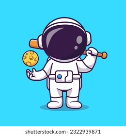 Cute Astronaut Playing Baseball Moon  Cartoon Vector Icon Illustration. Science Sport Icon Concept Isolated Premium Vector. Flat Cartoon Style