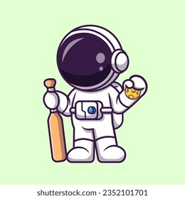 Cute Astronaut Playing Baseball With Moon Ball Cartoon Vector Icon Illustration. Science Sport Icon Concept Isolated Premium Vector. Flat Cartoon Style