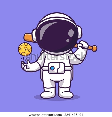 Cute Astronaut Playing Baseball With Moon Ball Cartoon Vector Icon Illustration. Science Sport Icon Concept Isolated Premium Vector. Flat Cartoon Style