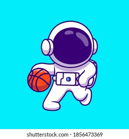 Cute Astronaut Playing Basket Ball Cartoon Vector Icon Illustration. Science Sport Icon Concept Isolated Premium Vector. Flat Cartoon Style