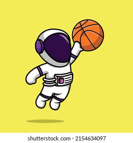 Cute Astronaut Playing Basket Ball Cartoon Vector Icon Illustration. Science Sport Icon Concept Isolated Premium Vector.