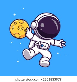 Cute Astronaut Playing Basket Moon Ball In Space Cartoon Vector Icon Illustration. Science Sport Icon Concept Isolated Premium Vector. Flat Cartoon Style