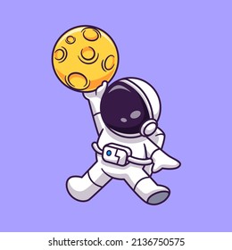 Cute Astronaut Playing Basketball Moon Cartoon Vector Icon Illustration. Science Technology Icon Concept Isolated Premium Vector. Flat Cartoon Style