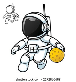 Cute Astronaut Playing Basketball with Moon Ball with Black and White Line Art Drawing, Science Outer Space, Vector Character Illustration, Outline Cartoon Mascot Logo in Isolated White Background