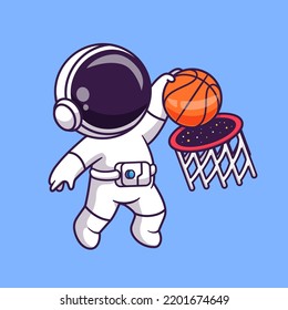 Cute Astronaut Playing Basketball With Space Ring Cartoon Vector Icon Illustration. Science Sport Icon Concept Isolated Premium Vector. Flat Cartoon Style