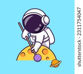 Cute Astronaut Playing Billiard Planet Ball Cartoon Vector Icon Illustration. Science Sport Icon Concept Isolated Premium Vector. Flat Cartoon Style