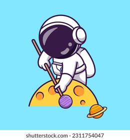 Cute Astronaut Playing Billiard Planet Ball Cartoon Vector Icon Illustration. Science Sport Icon Concept Isolated Premium Vector. Flat Cartoon Style